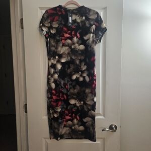 Fashion Nova Black and Red Floral Midi Dress